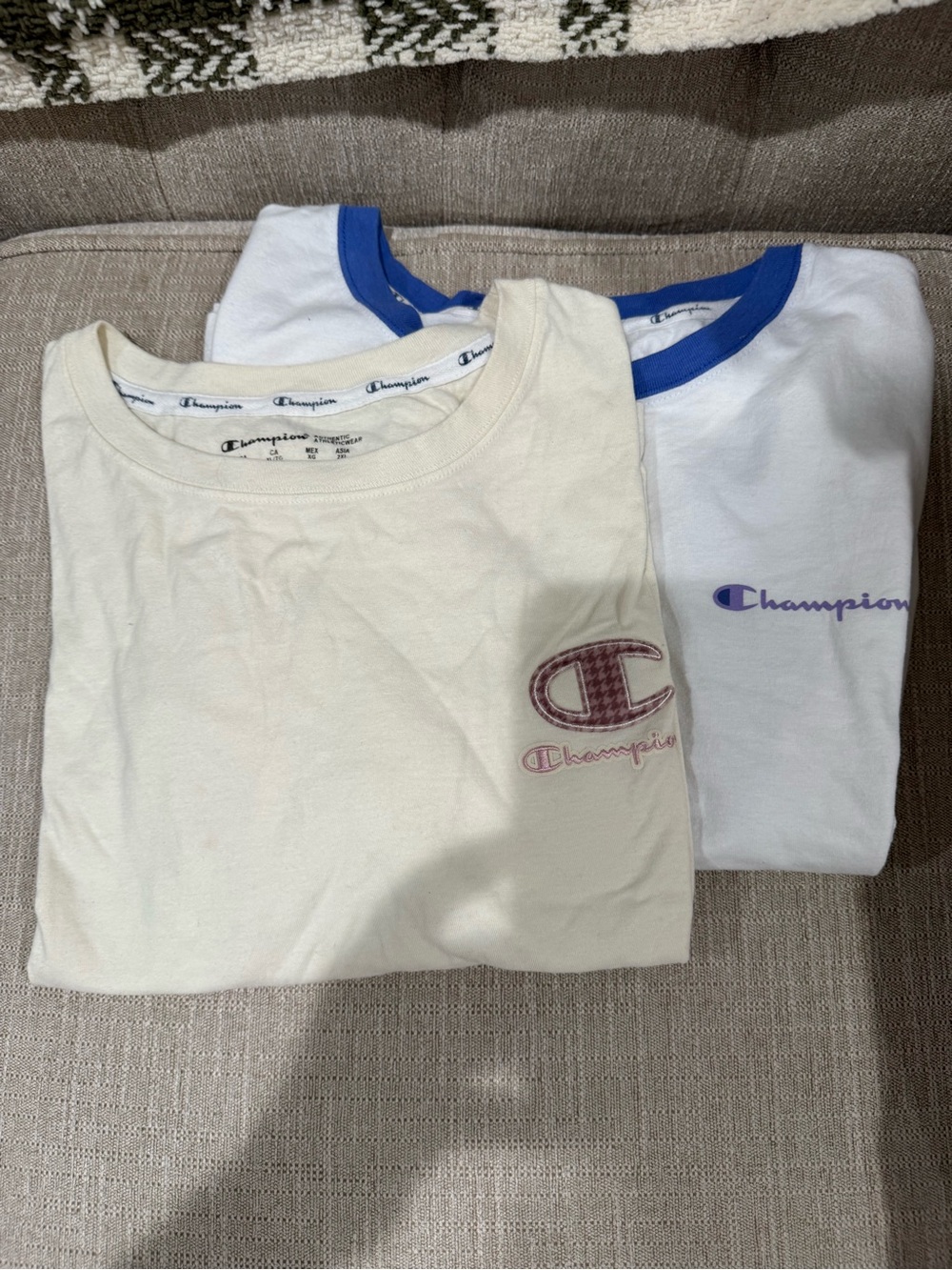 Champion Kids Cream & White Logo Ringer Tees with Blue Trim